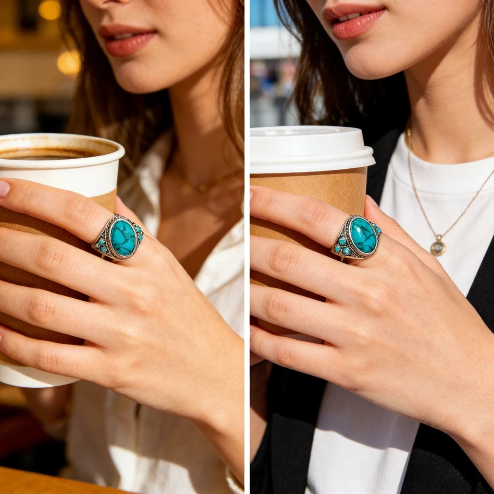 Bohemian Turquoise Statement Ring, Ethnic Niche Couple Ring for Streetwear