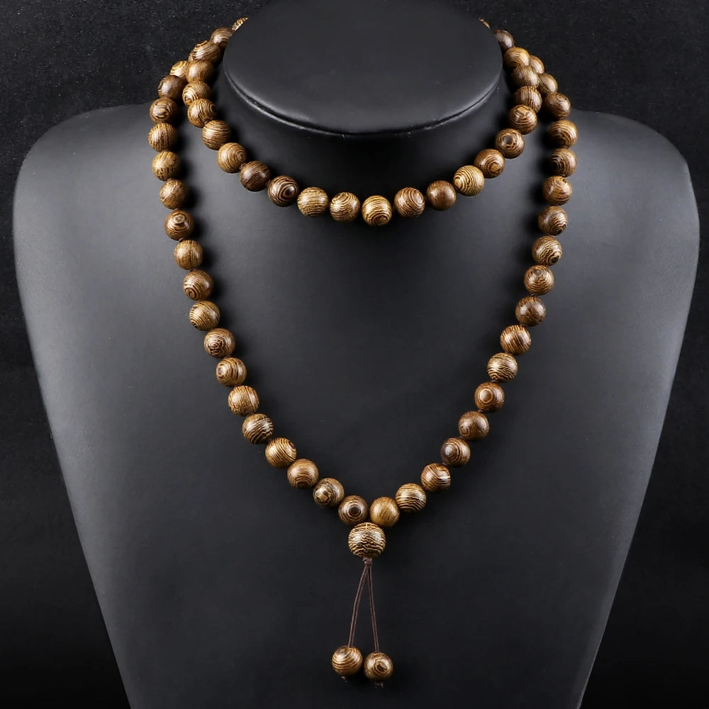 10mm Sandalwood 108 Bead Mala, Buddhist Prayer Rosary Wrap Bracelet Necklace