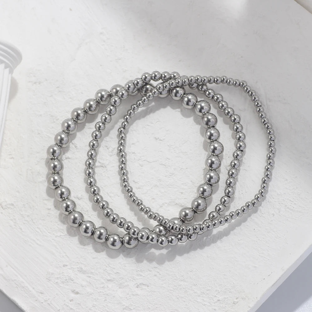 3-Piece 18K Gold Plated Stainless Steel Beaded Cuff Bracelet Set, Trendy Jewelry Gift