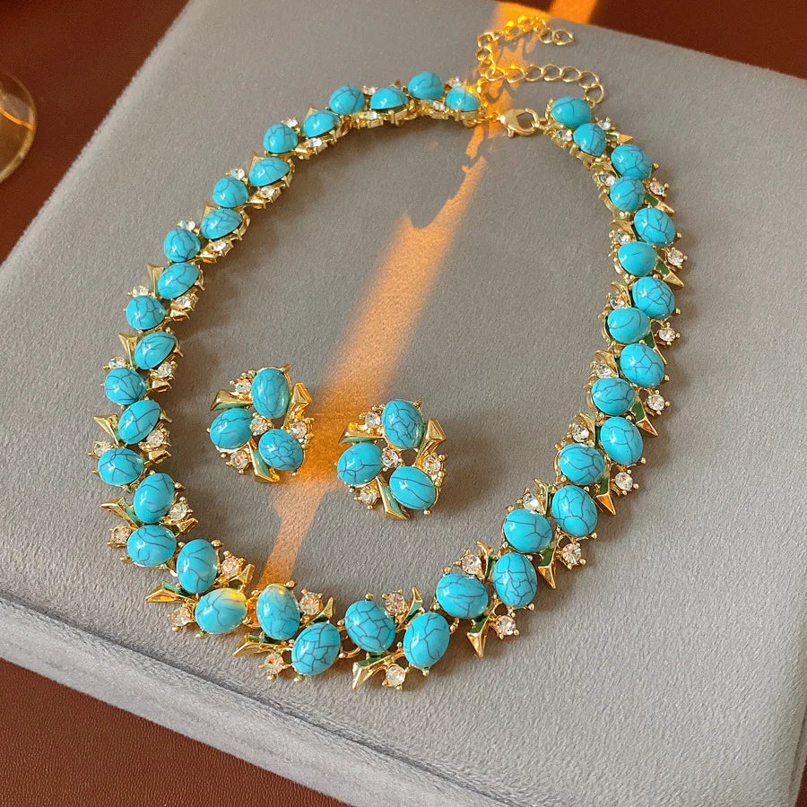 ZAKOL Blue Oval Stone Flower Resin Earring & Necklace Jewelry Set