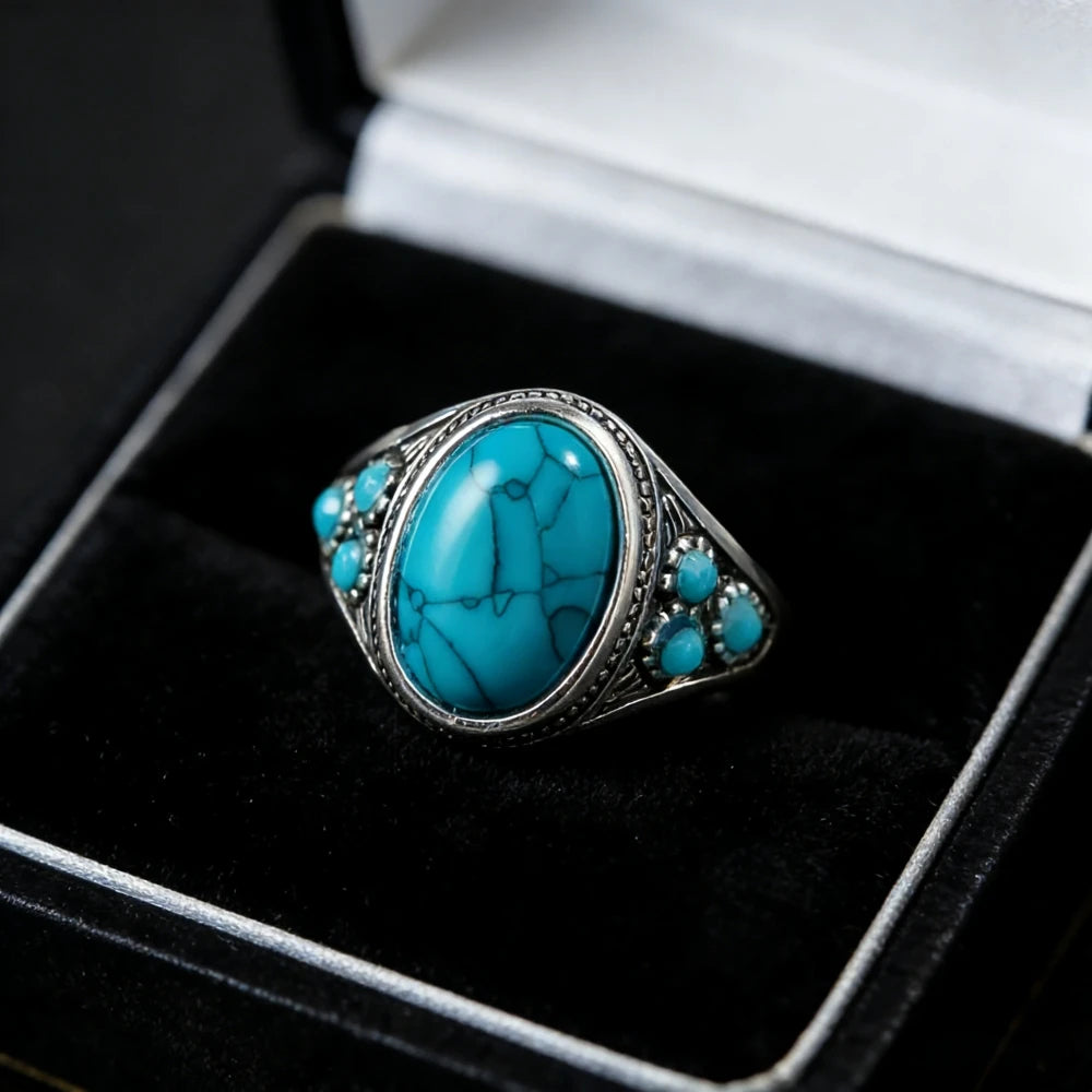 Bohemian Turquoise Statement Ring, Ethnic Niche Couple Ring for Streetwear