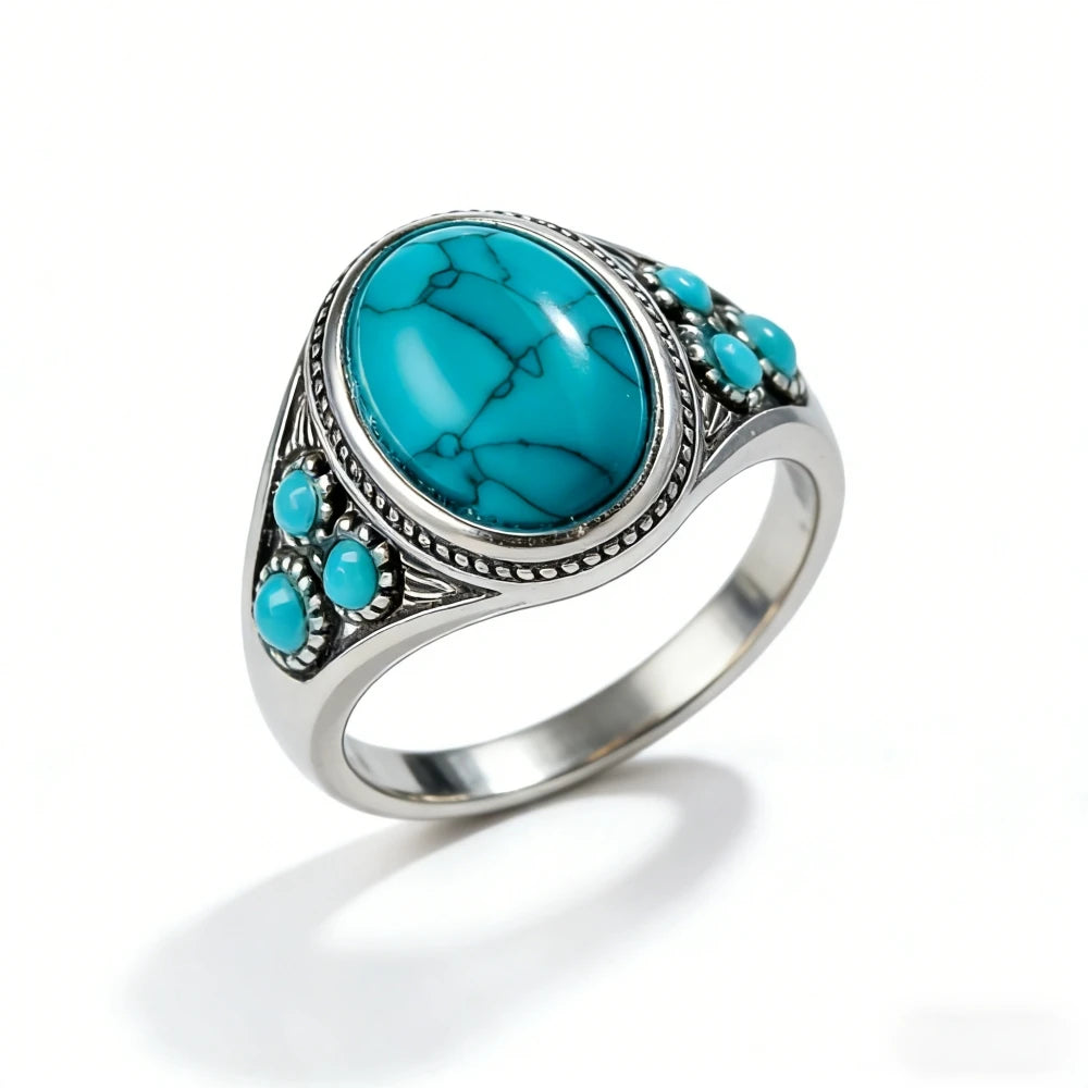 Bohemian Turquoise Statement Ring, Ethnic Niche Couple Ring for Streetwear