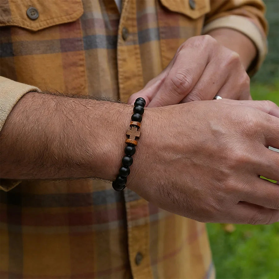 8mm Black Onyx Wooden Cross Bracelet, Prayer Rosary Faith Spiritual Jewelry Gift