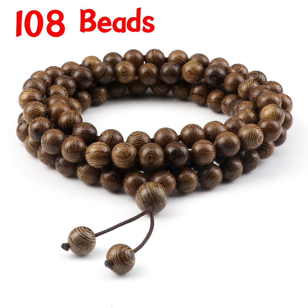 10mm Sandalwood 108 Bead Mala, Buddhist Prayer Rosary Wrap Bracelet Necklace