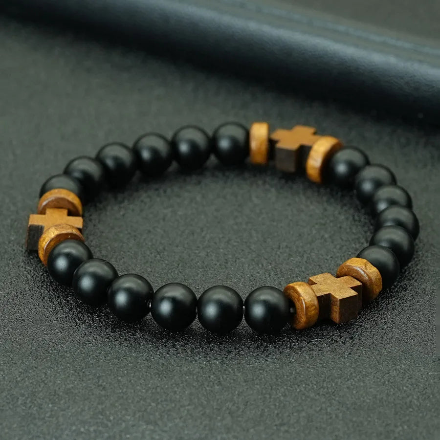 8mm Black Onyx Wooden Cross Bracelet, Prayer Rosary Faith Spiritual Jewelry Gift