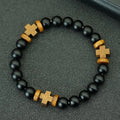 8mm Black Onyx Wooden Cross Bracelet, Prayer Rosary Faith Spiritual Jewelry Gift