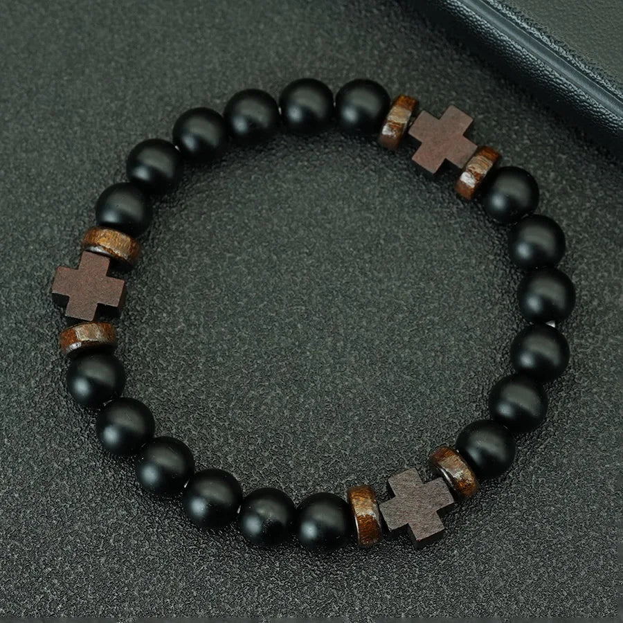 8mm Black Onyx Wooden Cross Bracelet, Prayer Rosary Faith Spiritual Jewelry Gift